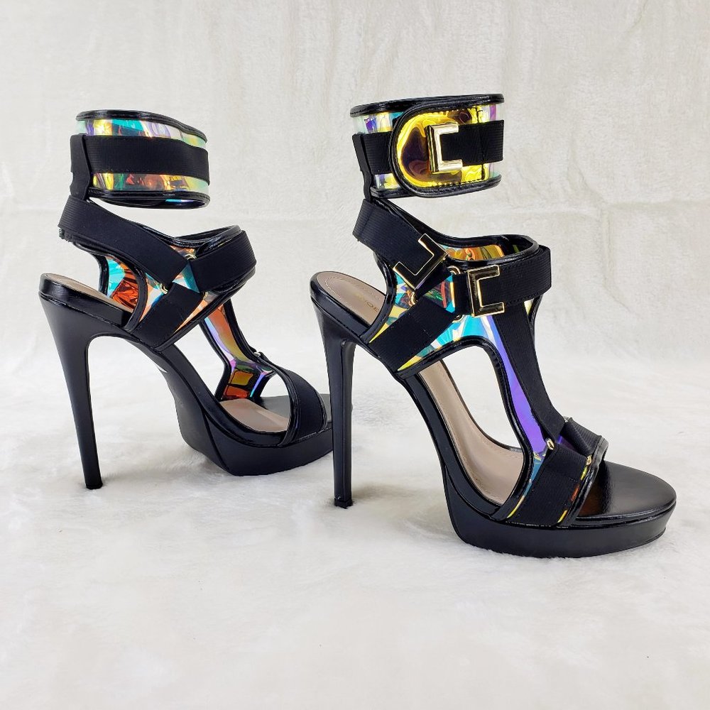 Sexy Mini Platform 5" High Heel Harness Strap Shoes Black - Picture 7 of 9